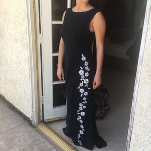 Black Evening Gown with White Flower Detail